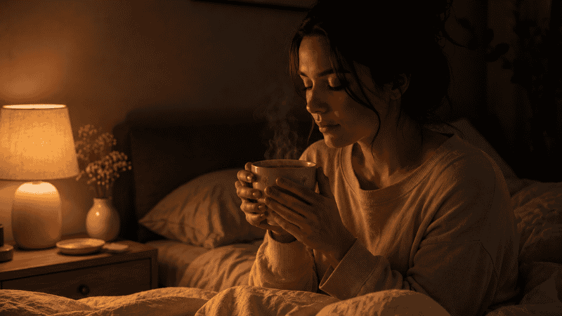 Woman drinking chamomile tea before bed as part of a calming nighttime sleep ritual