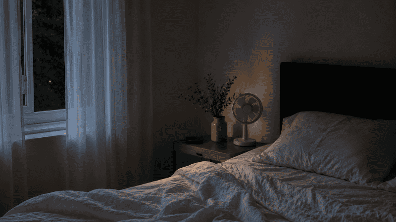 A cool minimal bedroom at night with a small bedside fan, light breathable linen bedding, and an open window with sheer curtains, representing temperature management strategies for perimenopause night sweats