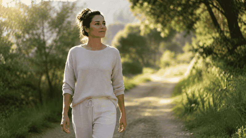 A person taking a mindful walk outdoors in soft morning light, representing daytime stress management as the foundation for reducing nighttime anxiety and improving sleep