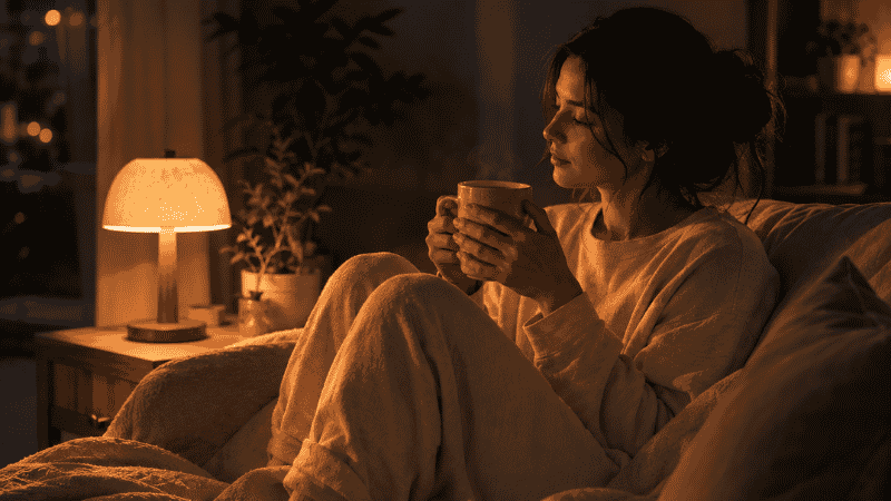 A person sitting quietly in a dim room at night with a warm drink, having gotten out of bed after waking at 3am, representing the stimulus control technique for breaking the waking cycle