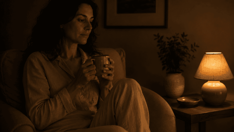 A person sitting calmly in a dim room at night holding a warm drink, having chosen to get out of bed during a bout of anxiety-driven insomnia, representing the stimulus control technique