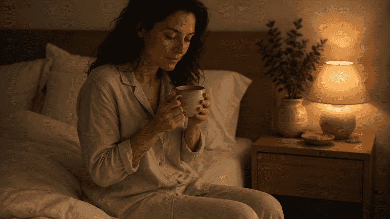 A person sitting in a dimly lit bedroom holding a warm mug of herbal tea with both hands before sleep, representing the 10-minute herbal tea bedtime ritual for better sleep