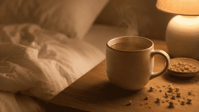 A ceramic mug of steaming herbal tea on a wooden nightstand beside a dim lamp in a cozy evening bedroom, representing a herbal tea for sleep ritual
