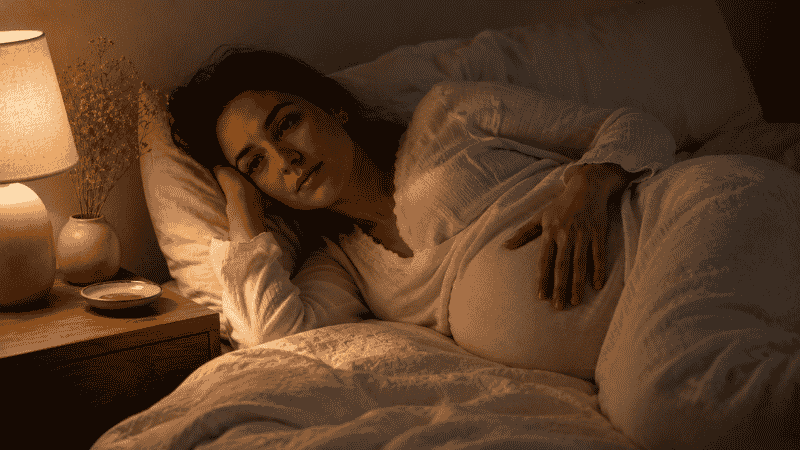 A pregnant woman lying awake in bed at night with her hand resting on her belly, looking tired but calm, representing insomnia during pregnancy