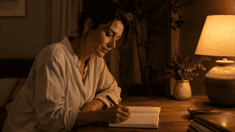 A woman in her forties writing in a journal by soft lamp light in the early evening, representing the structured worry time technique for reducing perimenopause-related nighttime anxiety