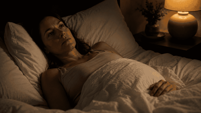 A woman in her forties lying awake in bed at night looking tired and restless, representing perimenopause insomnia and disrupted sleep during the hormonal transition