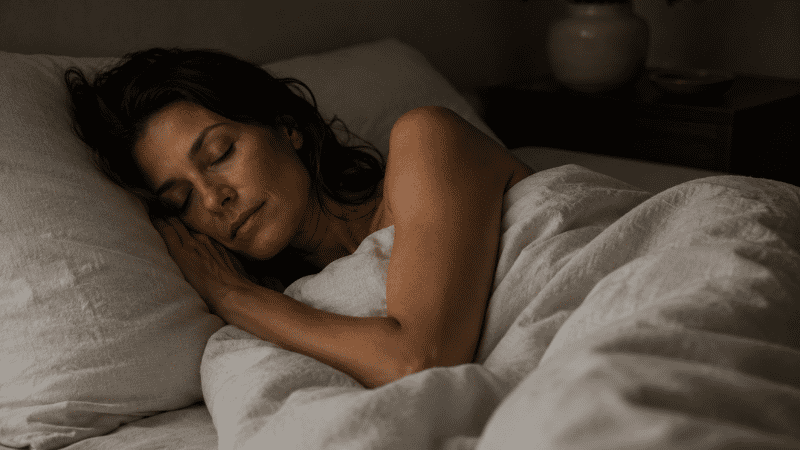 A woman in her forties sleeping peacefully on her side in a cool dark bedroom with light breathable linen bedding, representing restored restful sleep after perimenopause insomnia