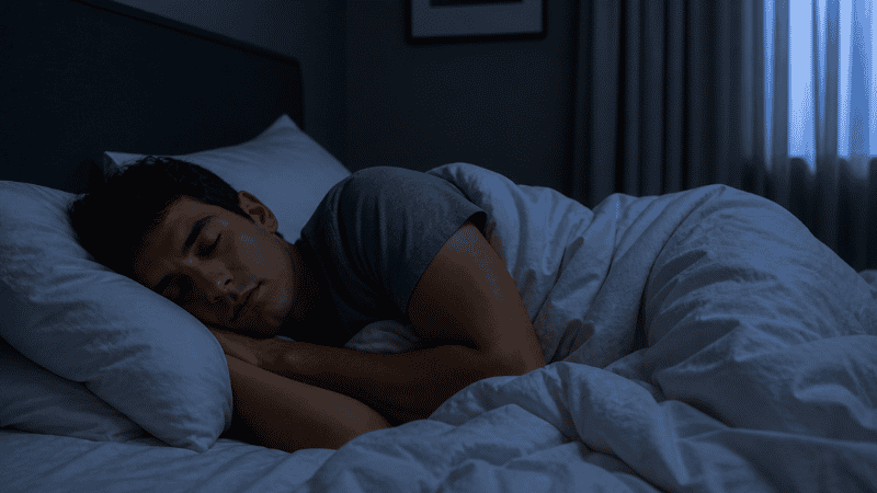Person sleeping peacefully in a dark cool bedroom achieving deep restorative sleep