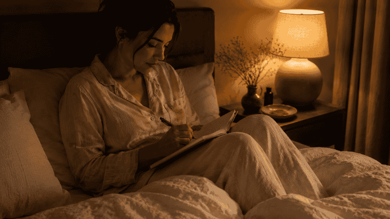 A new mother writing in a journal by soft lamp light before sleep, representing the brain dump technique for releasing mental load and reducing postpartum insomnia