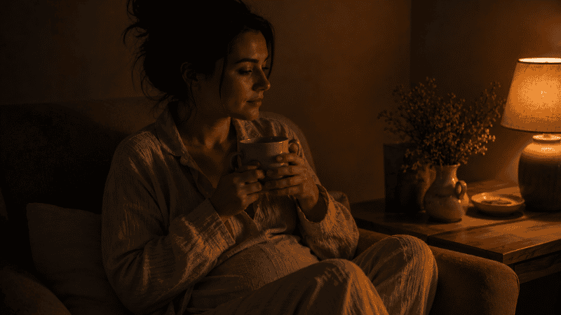 A woman sitting quietly in a dim room at night holding a warm mug, having gotten out of bed during postpartum insomnia to avoid lying awake, representing the stimulus control technique