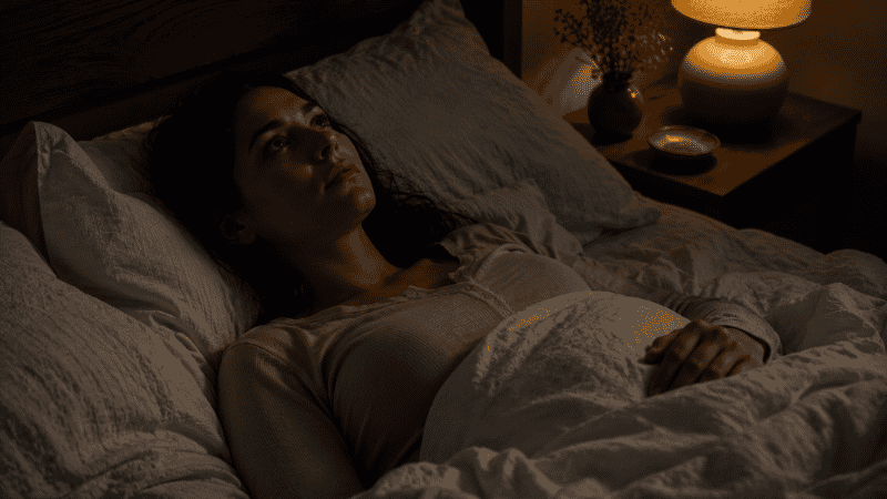 A new mother lying awake in bed at night staring at the ceiling while the house is quiet, representing postpartum insomnia — unable to sleep even when the baby is sleeping