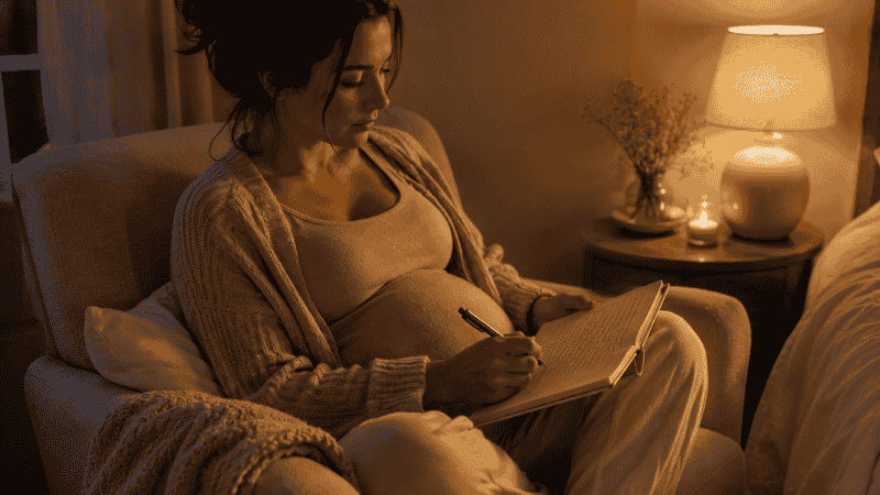 A pregnant woman writing in a journal by soft lamp light in the evening, representing the designated worry-time technique for managing pregnancy anxiety before sleep