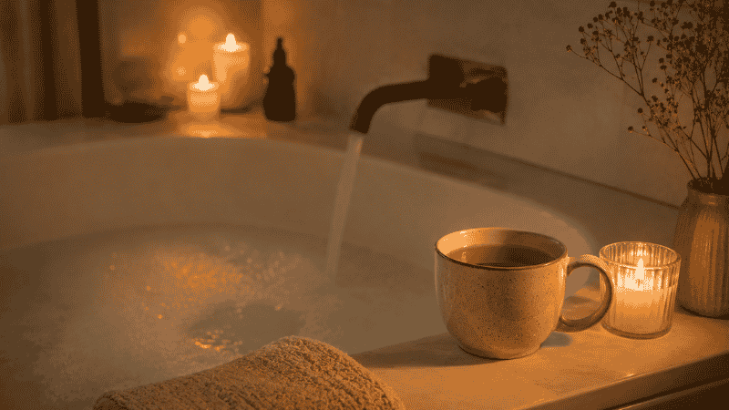 A warm bath with soft candlelight and a cup of herbal tea on the edge of the tub, representing a calming pregnancy wind-down routine before sleep