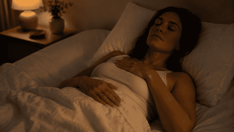 A person lying on their back in bed in a dark calm bedroom with eyes closed and hands resting gently on their stomach, practicing a breathing relaxation technique for sleep