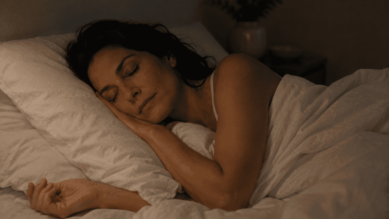 A person sleeping deeply and peacefully on their side in a calm dark bedroom, representing the restful sleep achieved through consistent relaxation practice