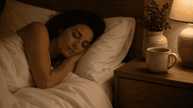 A person sleeping peacefully in a dark calm bedroom with white linen, a ceramic mug visible on the nightstand, representing restful sleep after a consistent herbal tea night ritual