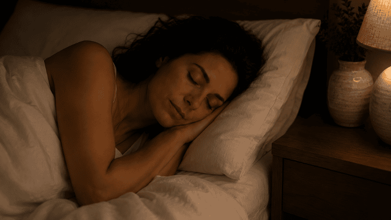 A person sleeping peacefully and deeply on their side in a dark calm bedroom, representing the restoration of restful sleep after breaking the anxiety-insomnia cycle