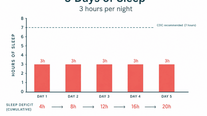 Infographic showing how sleep debt accumulates over five nights of getting only 3 hours of sleep