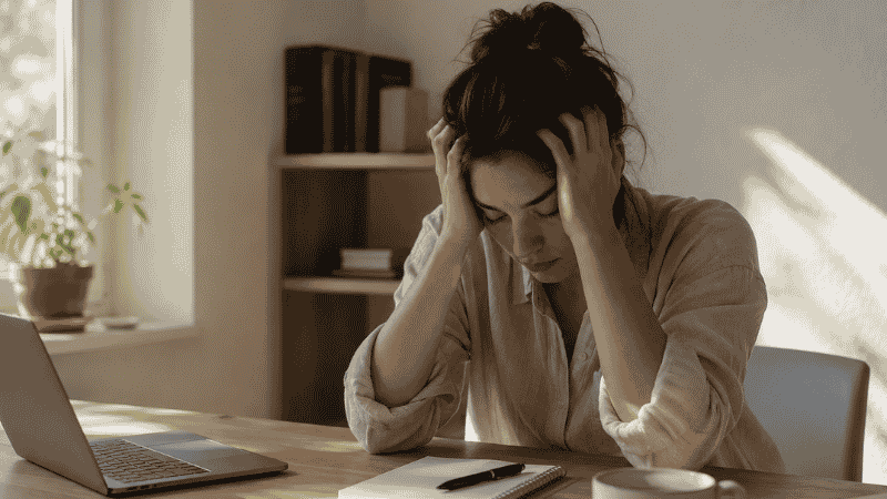 A person sitting at a desk with their head resting in their hands, looking mentally exhausted during the workday, representing cognitive impairment from sleep deprivation