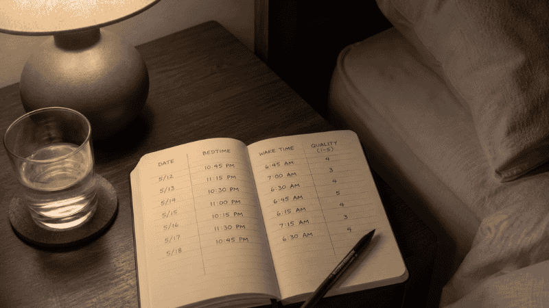 Open sleep diary notebook on a nightstand with a pen, showing a weekly sleep tracking log