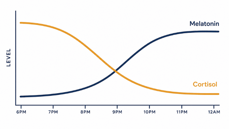 Diagram showing how melatonin rises and cortisol falls during the evening sleep onset process