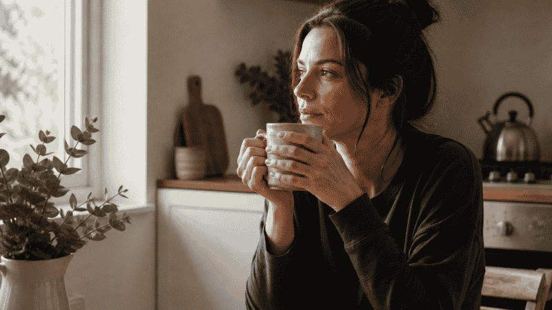 Person drinking coffee mindfully in morning light after a short night of sleep looking calm and focused