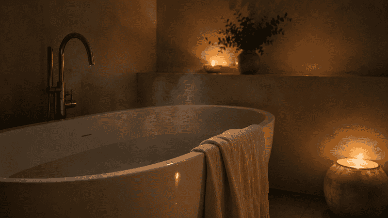 A warm bath with steam rising in a softly lit minimal bathroom, representing the pre-sleep warm bath protocol for accelerating core body temperature drop during perimenopause
