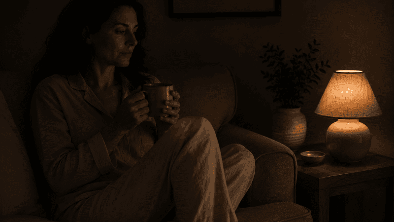 A person sitting quietly in a dim room at night holding a warm drink after getting out of bed, representing the 20-minute rule for returning to sleep after waking in the night