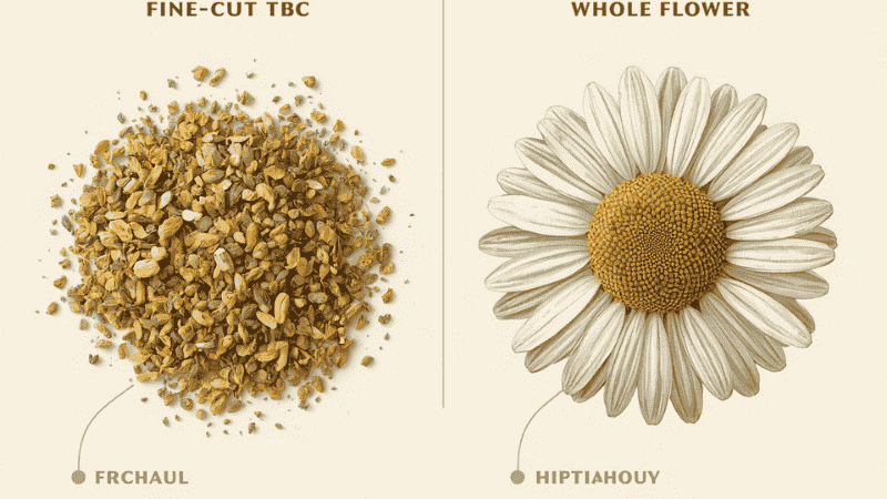 Comparison chart of chamomile cutting specifications: The left side shows the complete flower heads used for high-end loose tea, while the right side displays the TBC fine-cutting specifications specifically designed for automated tea bag production.