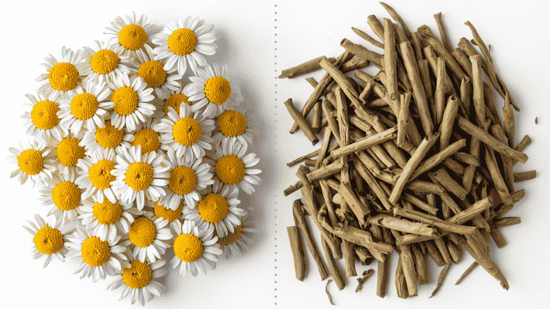 Comparison of chamomile quality grades: This shows the visual differences between the high-quality flower heads rich in volatile oils and the low-quality, cheap raw materials containing a large amount of stems.