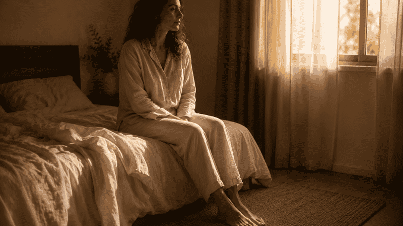 A person waking up at a consistent time in soft morning light, sitting on the edge of the bed with a calm expression, representing a fixed anchor wake time for improving sleep continuity