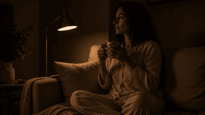 A person sitting quietly in a dim room in the middle of the night holding a warm drink, having chosen to get out of bed after waking, representing the stimulus control technique for sleep maintenance insomnia