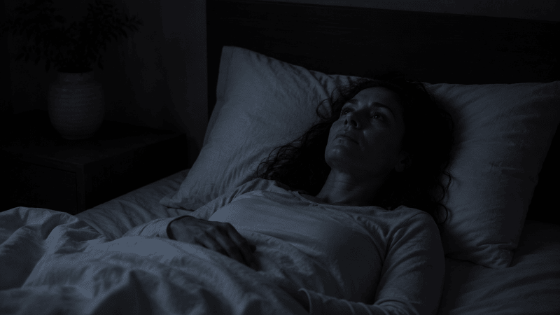 A person lying awake in a dark bedroom in the middle of the night, eyes open and staring at the ceiling, representing the frustration of waking up in the middle of the night unable to return to sleep