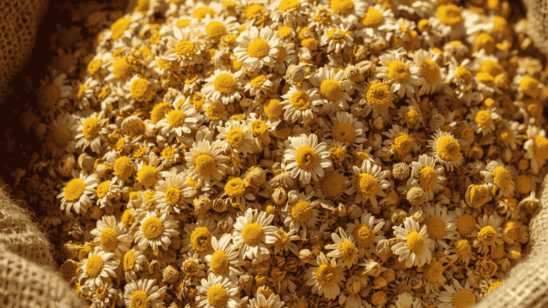 High-quality bulk wholesale organic German chamomile dried flowers, featuring a high proportion of golden-yellow flower heads and excellent drying quality.
