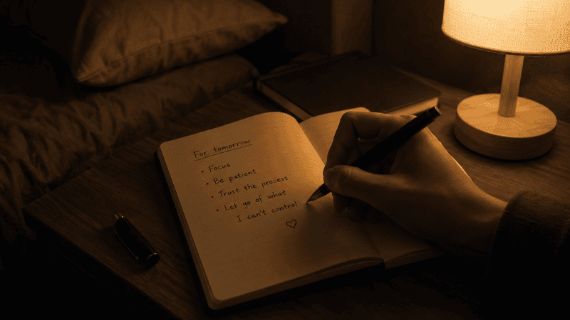 A hand writing a specific to-do list in a small notebook by warm bedside lamp light before sleep, representing the brain dump technique that reduces nighttime anxiety and speeds sleep onset