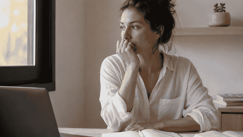 A person sitting at a desk during the day looking distracted and mildly tense, representing how daytime cognitive load and stress accumulate and surface as nighttime anxiety