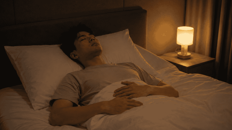 A person lying in bed on their back with eyes closed and hands resting on their stomach, practicing extended exhale breathing to calm nighttime anxiety