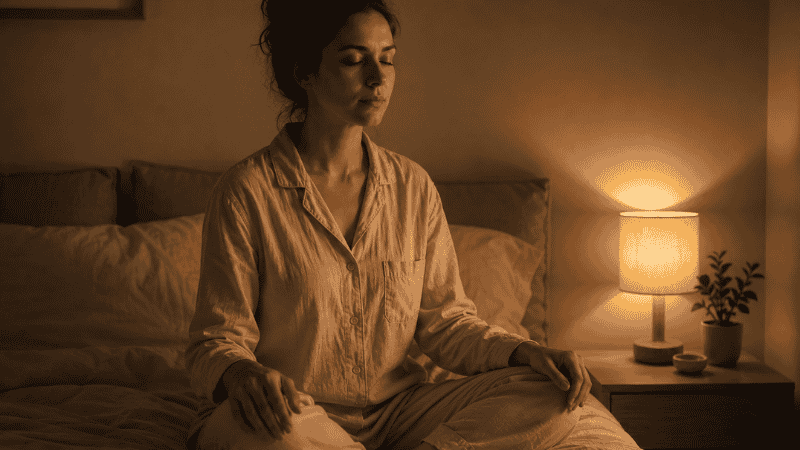 A person sitting calmly in bed in a dim bedroom with eyes closed and hands resting on their knees, practicing extended exhale breathing to calm nighttime anxiety