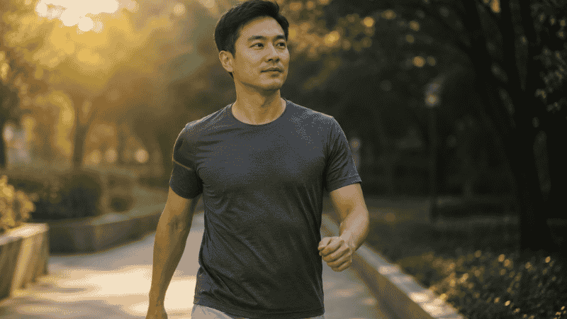 A person walking briskly outdoors in soft morning light, representing aerobic exercise as a dual intervention for improving both sleep quality and blood pressure