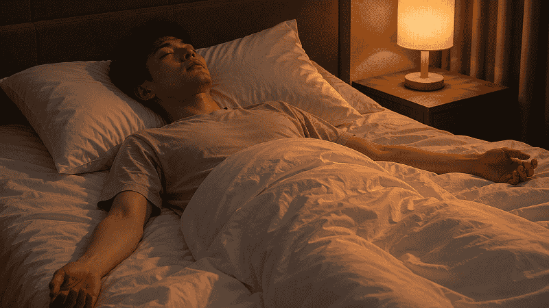 A person lying in bed with arms loose at their sides and shoulders visibly relaxed, representing the muscle release phase of progressive muscle relaxation for nighttime anxiety
