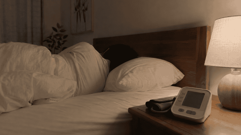 A person sleeping peacefully in a dark bedroom beside a blood pressure monitor on the nightstand, representing the connection between sleep quality and blood pressure health
