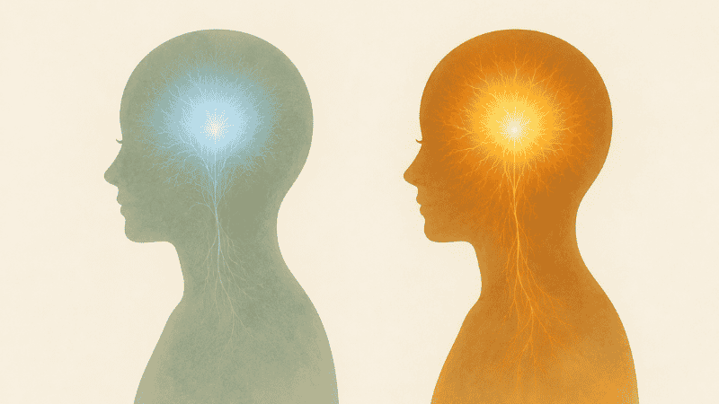 A minimal abstract illustration of two brain silhouettes side by side, one calm and one with a glowing reactive center, representing how sleep deprivation activates the amygdala and causes anxiety