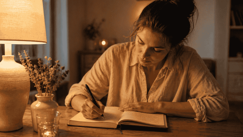 A person writing in a journal in the early evening by warm lamp light, representing the structured worry time technique for reducing nighttime anxiety
