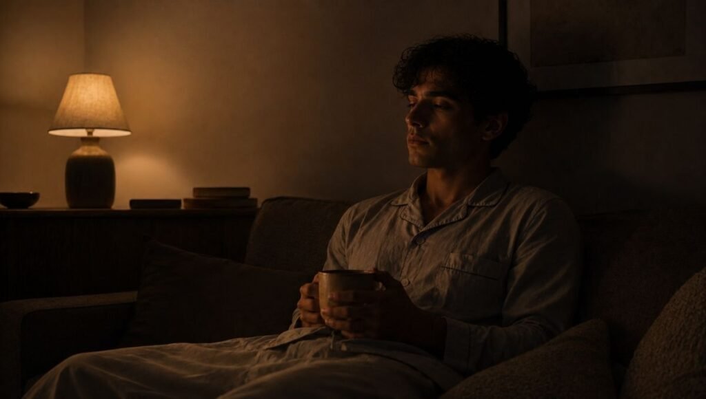 A person sitting quietly in a dimly lit room at night with a warm drink, having chosen to get out of bed after overthinking kept them awake, representing the stimulus control technique