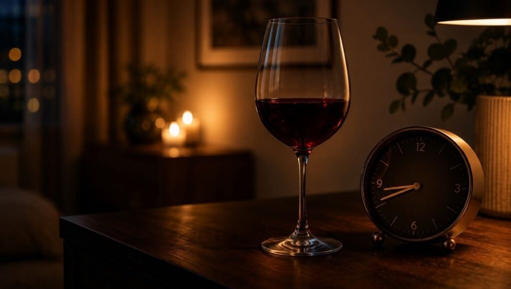 A glass of wine on a wooden surface in the evening with a clock showing a late hour nearby, representing the impact of evening alcohol consumption on deep sleep quality