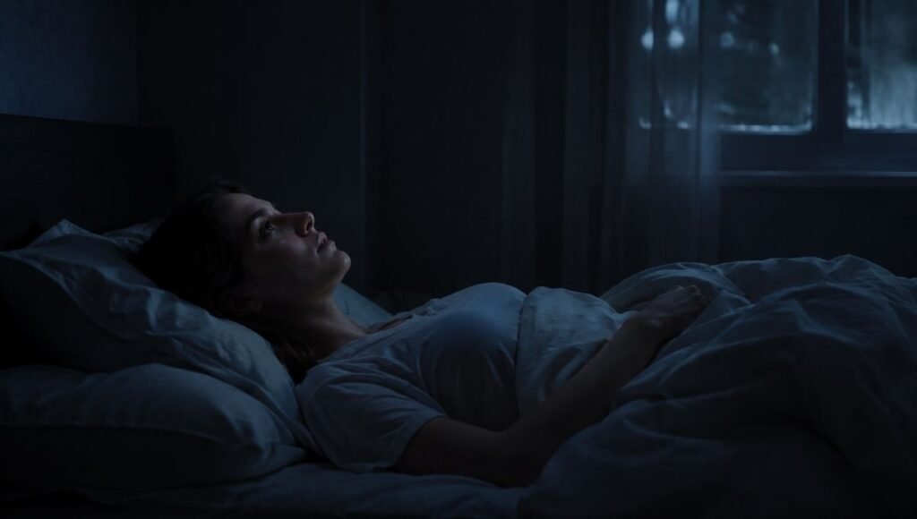 A person lying awake in a dark bedroom at night with eyes open and a restless expression, representing the experience of anxiety at night when the mind won't quiet down
