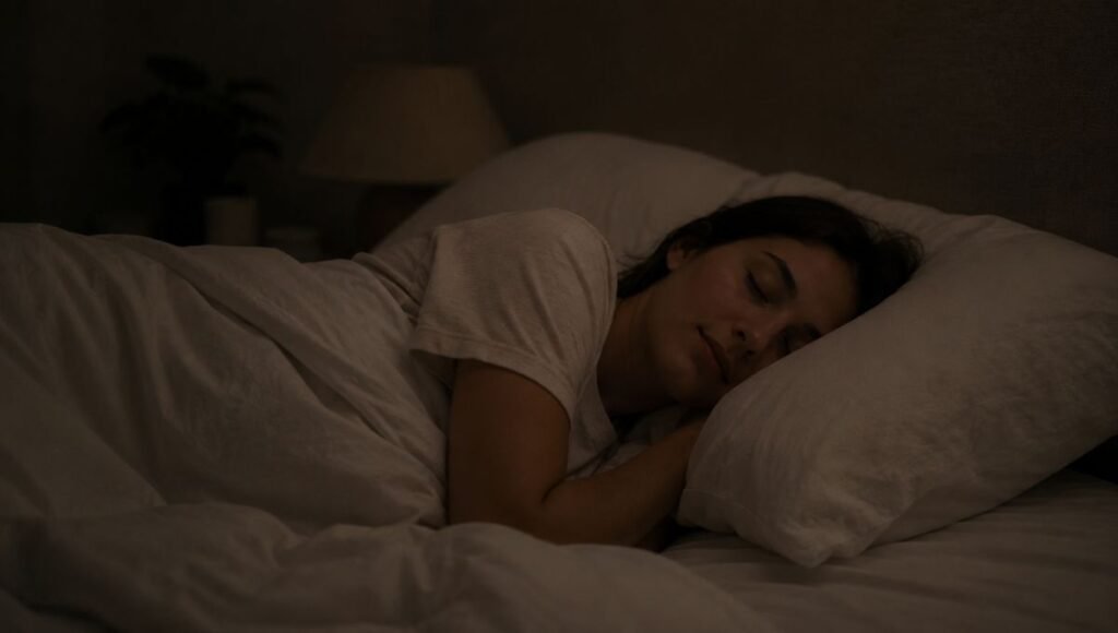 A person sleeping peacefully and deeply in a dark calm bedroom with white linen, representing the restoration of genuine restful sleep after addressing the causes of nighttime anxiety