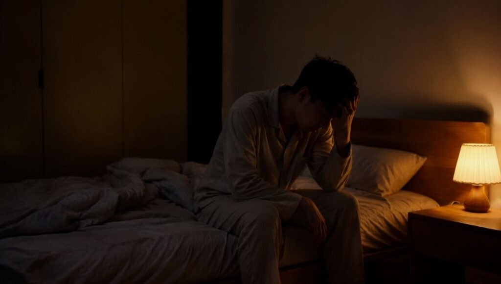 A person sitting on the edge of a bed in a dimly lit bedroom at night, looking reflective and quietly restless, representing the experience of anxiety before bed