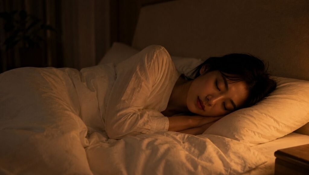 A person sleeping peacefully on their side in a dark calm bedroom with white linen, representing the restoration of restful sleep after breaking the pre-sleep anxiety pattern