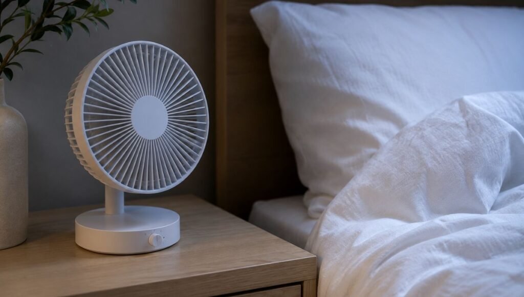 A small white fan positioned on a nightstand directed across the bed in a dim bedroom, representing a simple cooling tool to help reduce the intensity of night sweats